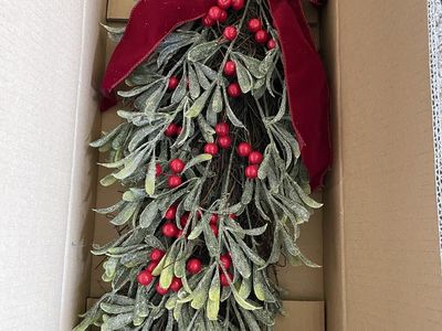 Festive Holiday Teardrop Swag with Red Berries, Mistletoe, and Velvet Bow - Christmas Decor