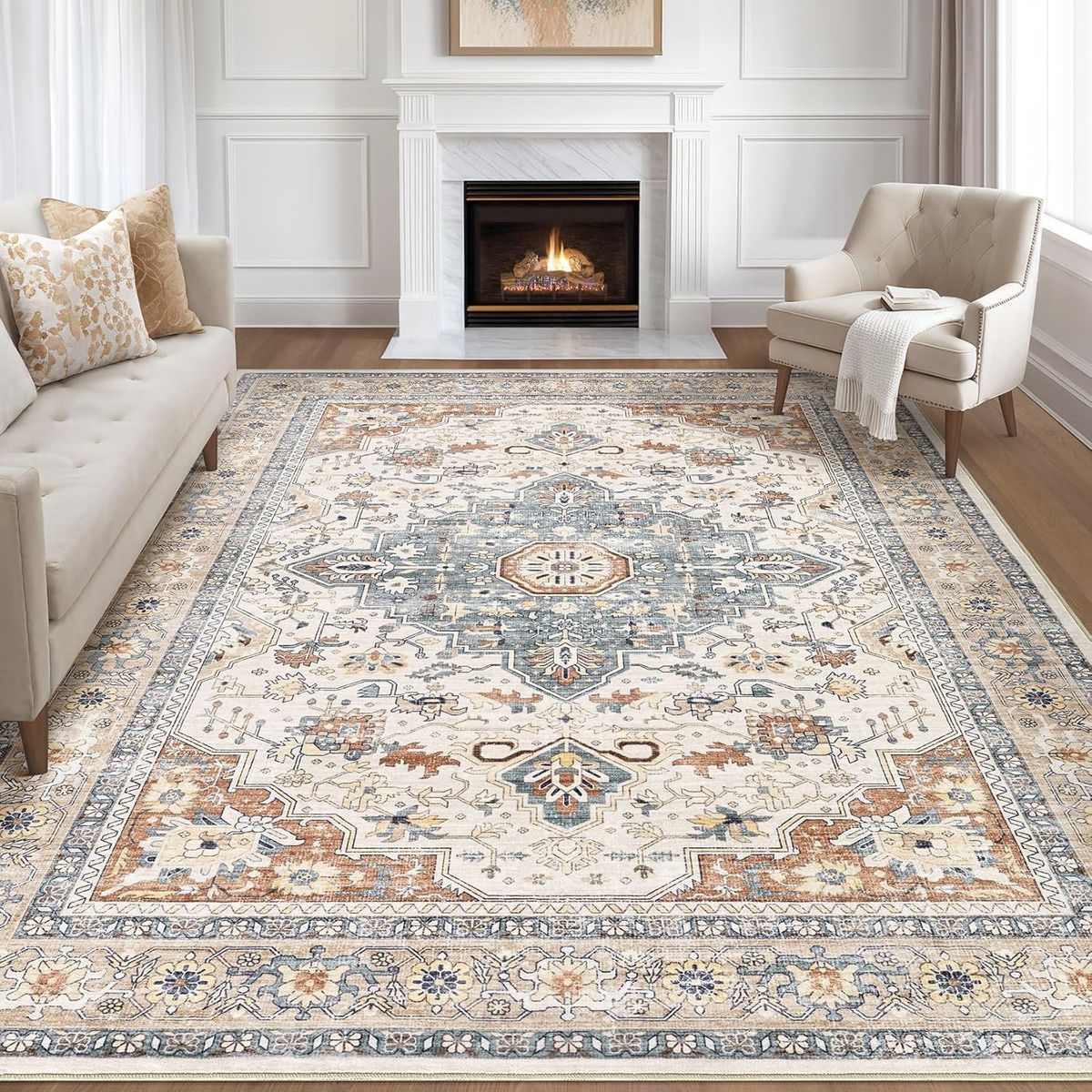 NEW 7x9 Area Rug Living Room: Washable Boho Large Neutral Vintage