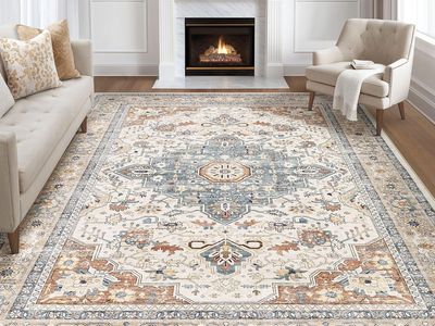 NEW 7x9 Area Rug Living Room: Washable Boho Large Neutral Vintage