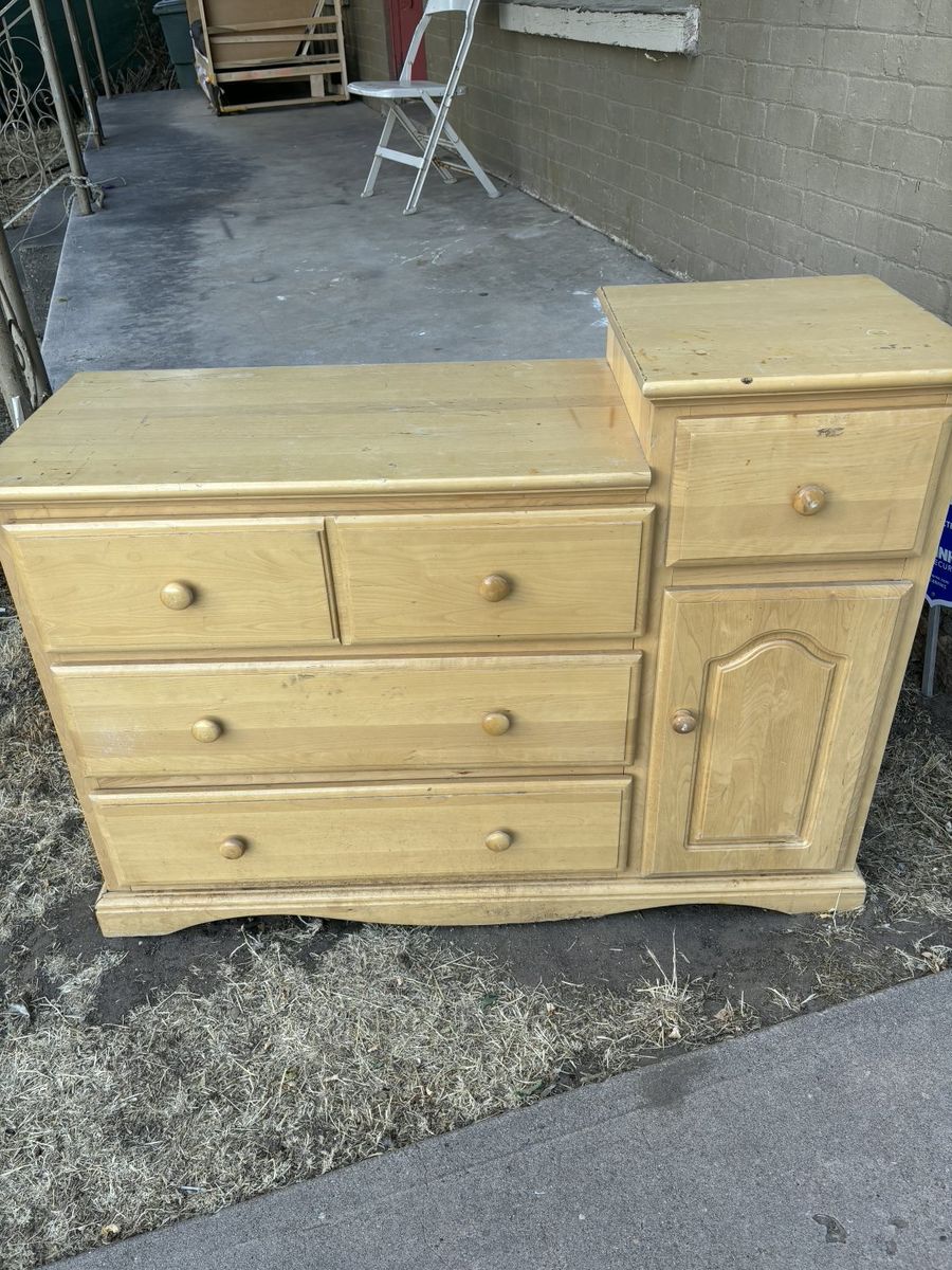 Wooden Dresser with 4 Drawers & Cabinet - Light Wood Finish