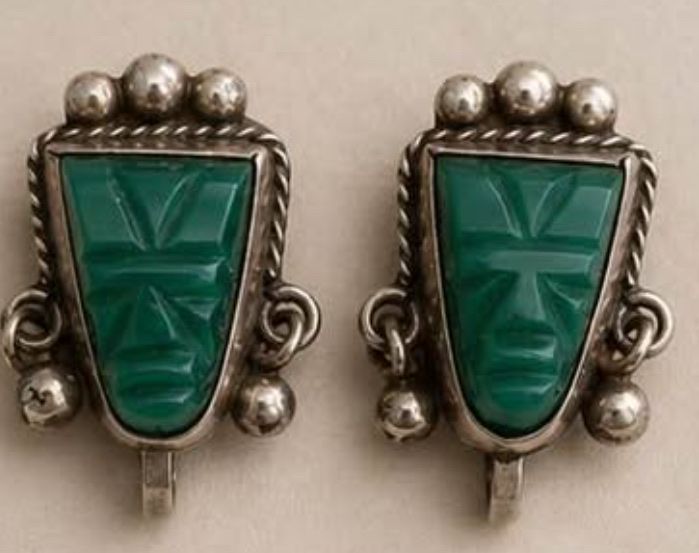 Vintage Mexico 925 Sterling Silver Green Onyx Face Earrings – Screw Back