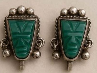 Vintage Mexico 925 Sterling Silver Green Onyx Face Earrings – Screw Back