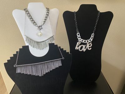 NEW! Necklaces - "Love" Pendant, Fringe, Pearl Accents - Silver/Gun Metal/Black Tones - $10-$16 C PIX