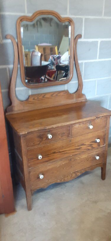 Antique Oak Dresser with Beveled Mirror