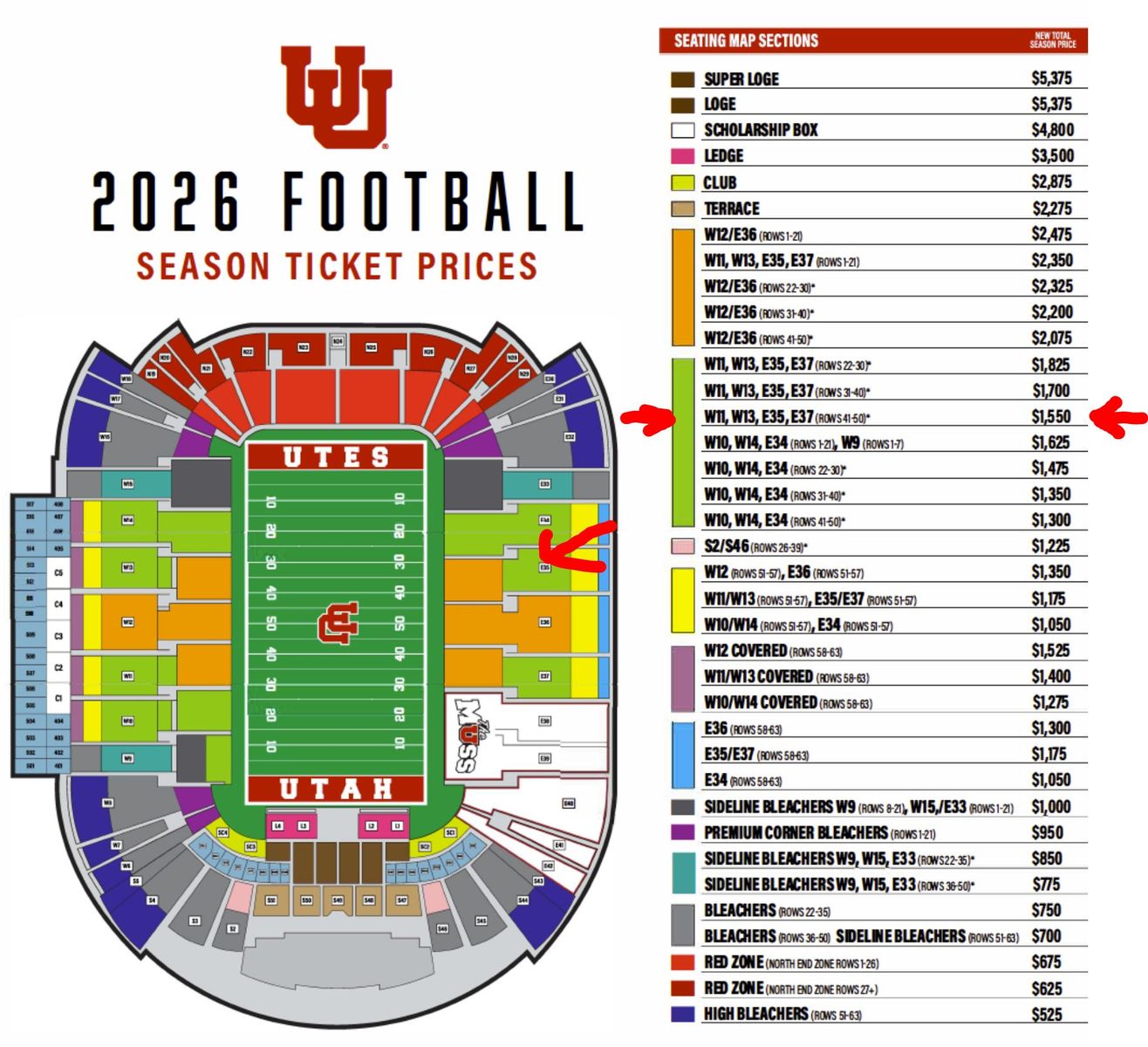 (2) 2026 Utah Football Season Tickets - Section E35, row 43, seats 24 & 25