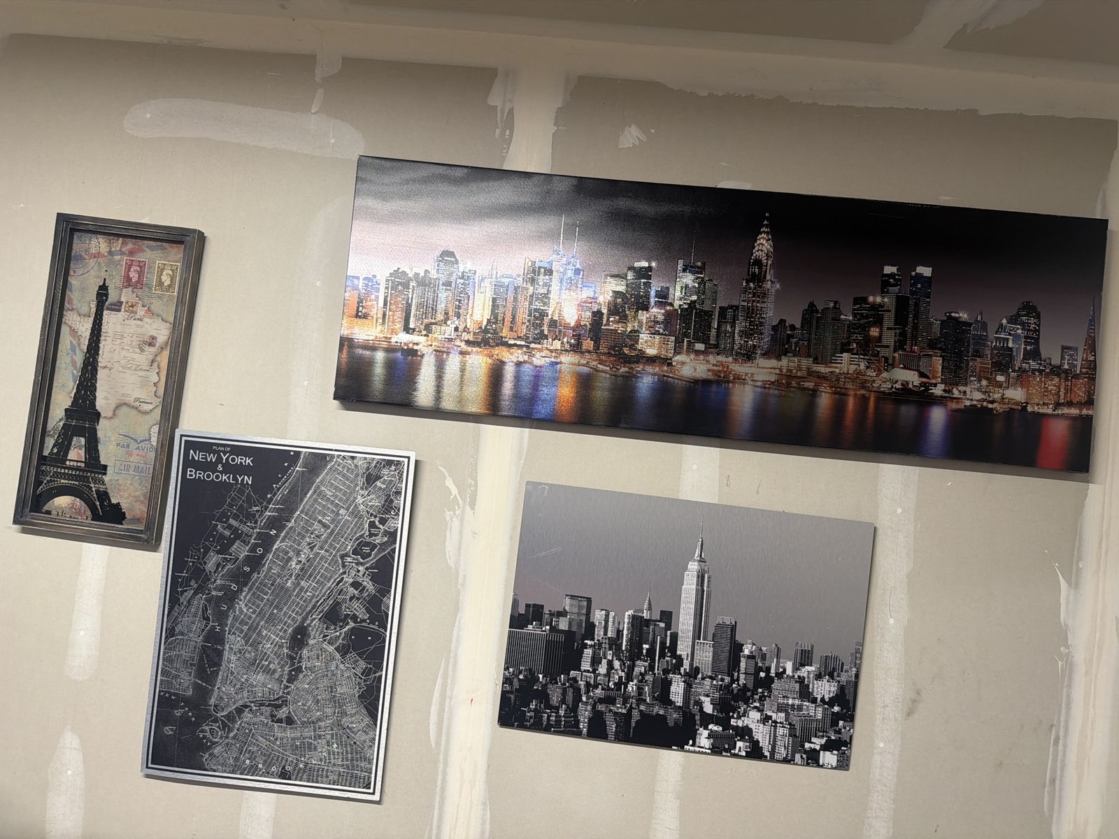 Assorted Wall Art - New York Skyline, Empire State Building, Paris Eiffel Tower & NYC Map