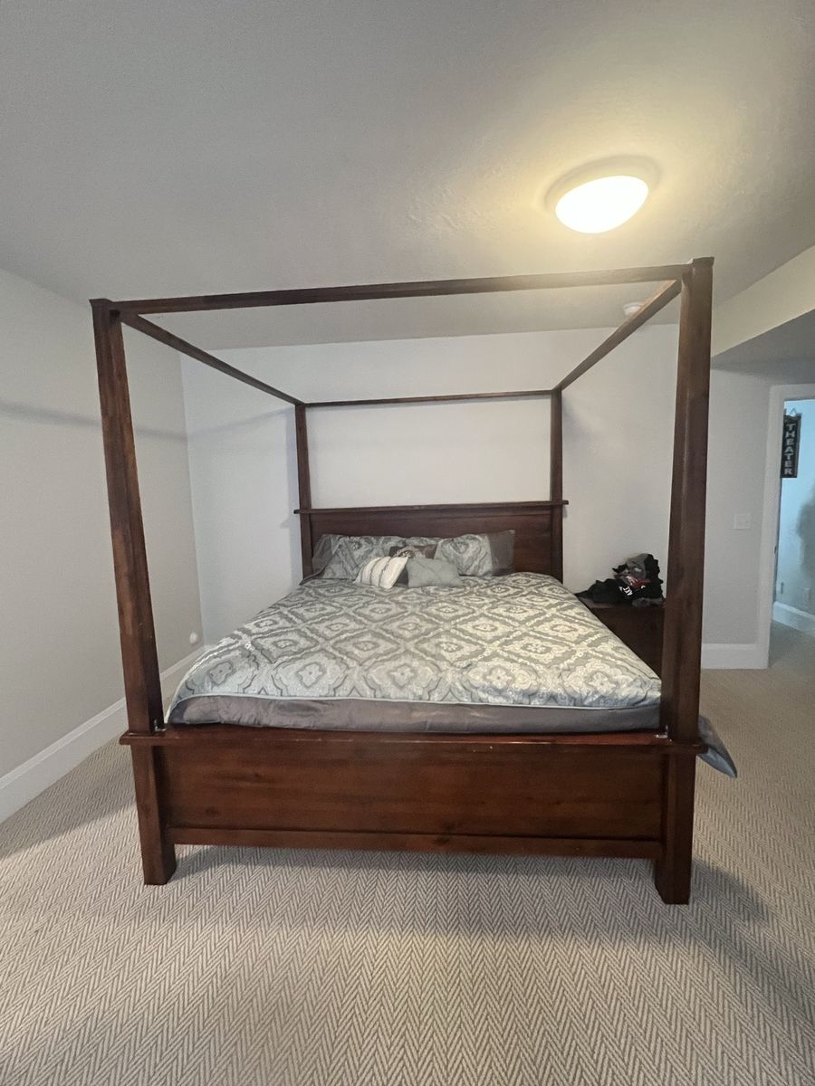 Wooden Four Poster Canopy King Bed Frame in Dark Brown Finish with Mattress, box spring, bedding, nightstand