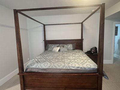 Wooden Four Poster Canopy King Bed Frame in Dark Brown Finish with Mattress, box spring, bedding, nightstand