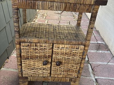 Vintage Wicker Rattan Nightstand Small Storage Cabinet with Open Shelf and Doors