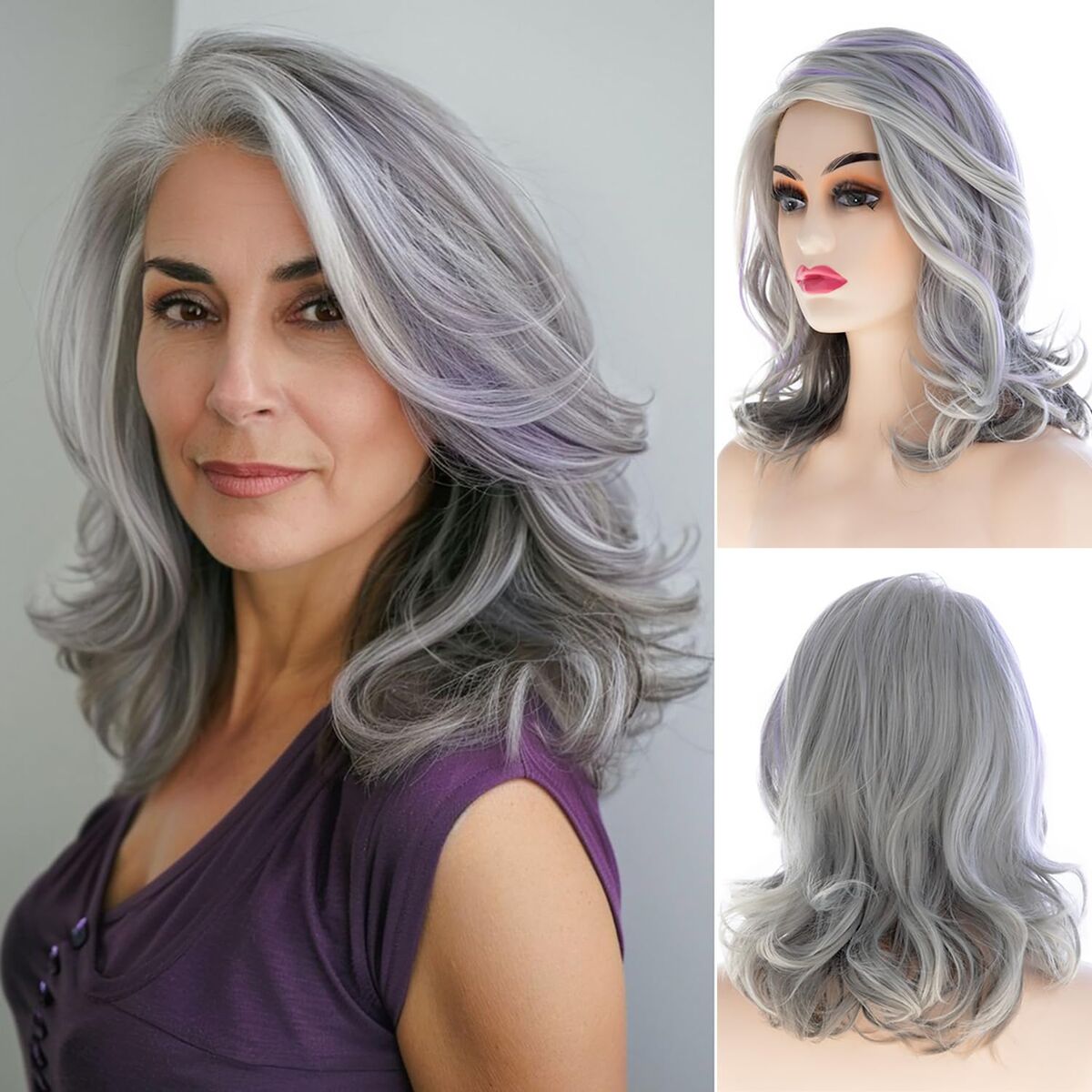 Gray and Purple Highlighted Wig