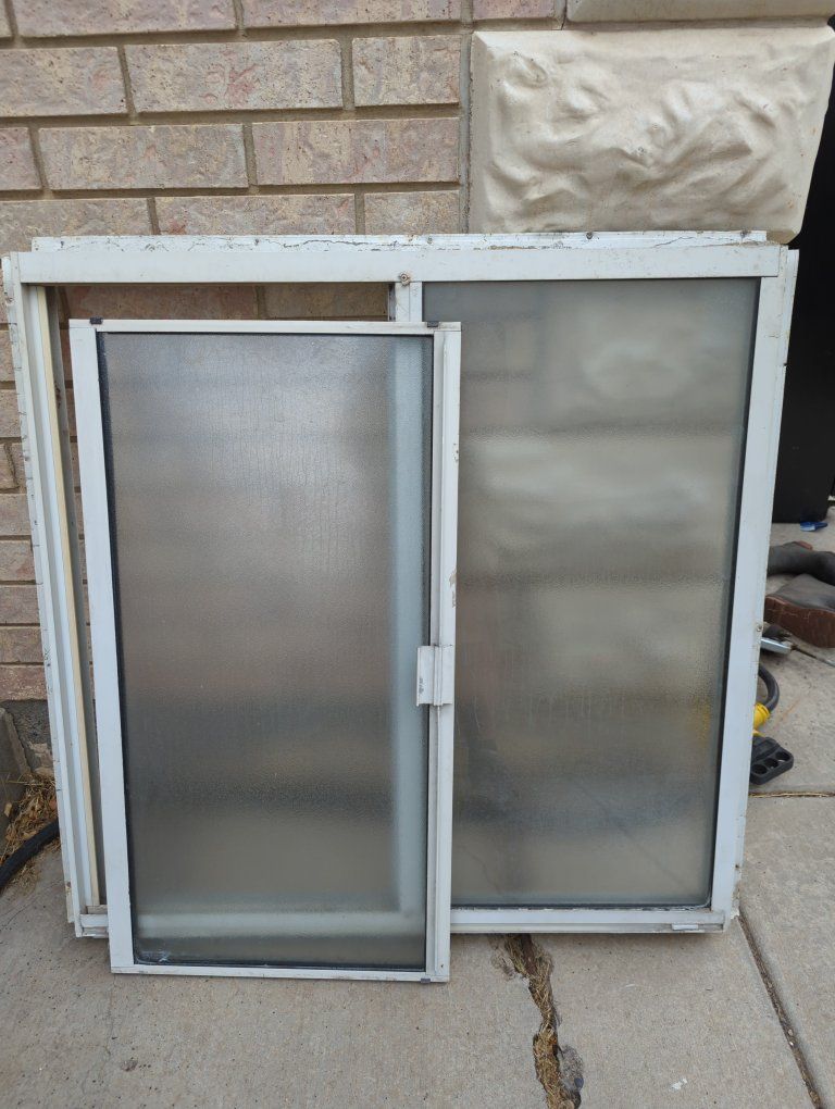 Used White Aluminum Frame Window with Frosted Glass and Screen - Free