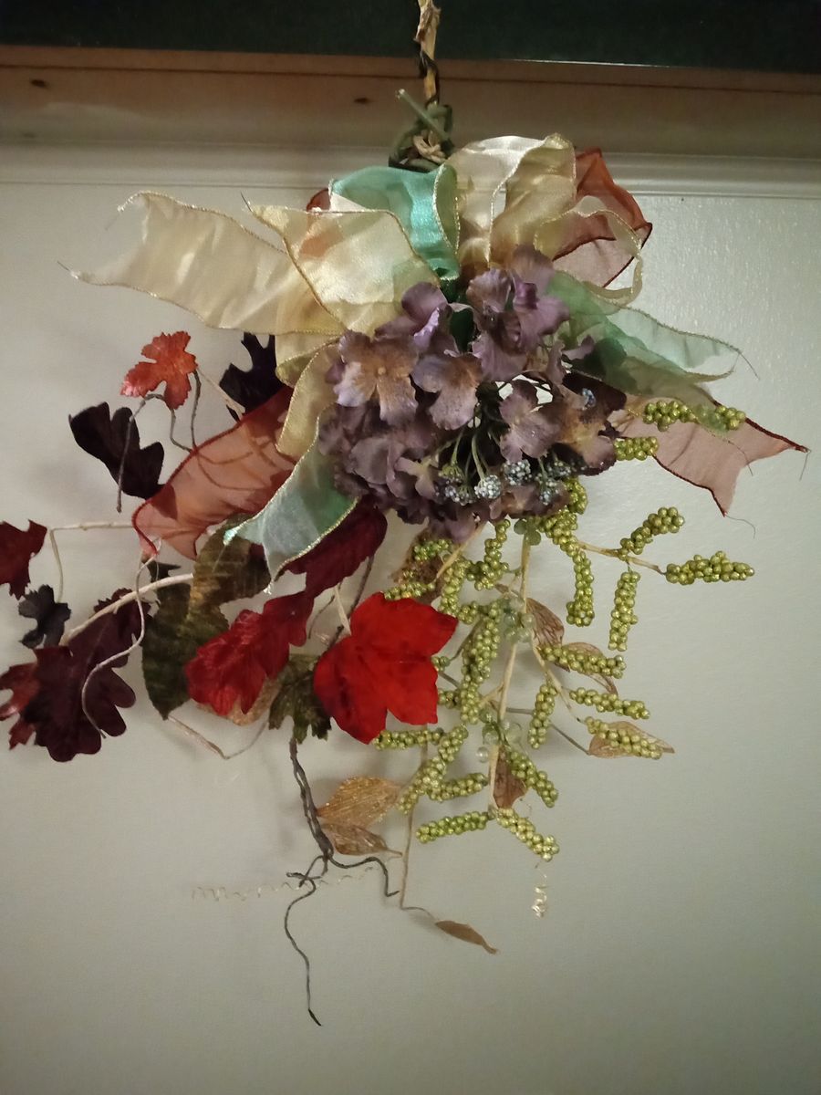 Fall Floral door Swag with Purple Hydrangeas Autumn Leaves and Bow