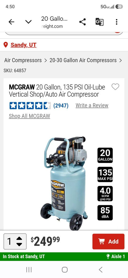 MCGRAW 20 Gallon, 135 PSI Oil-Lube Vertical Shop/Auto Air Compressor, 4.0 SCFM