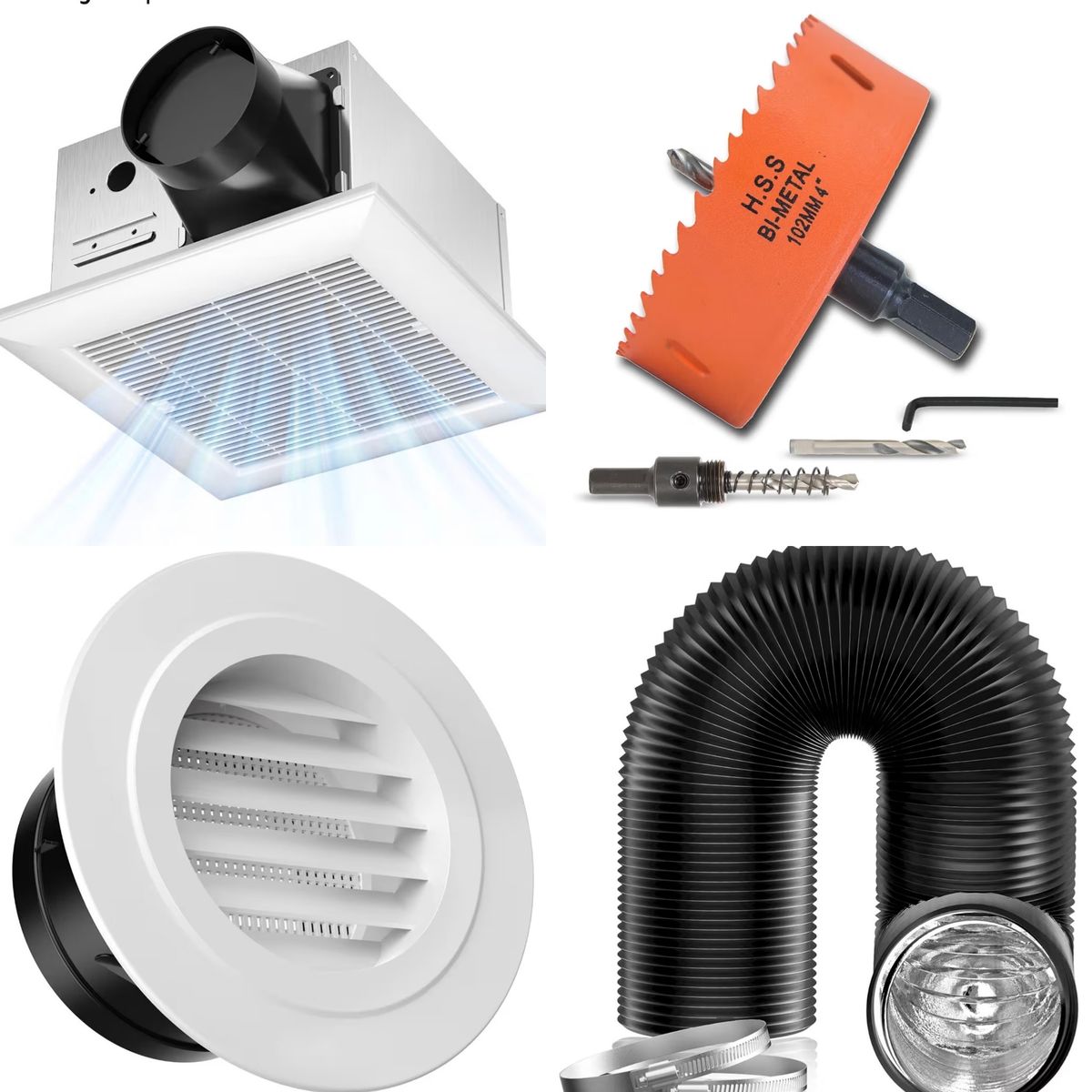 4 piece Bathroom Exhaust Fan KIT: 110 CFM Low Noise Ventilation Fan Ceiling Mounted, Hole Saw, Exhaust Vent, and 32' Air Ducting