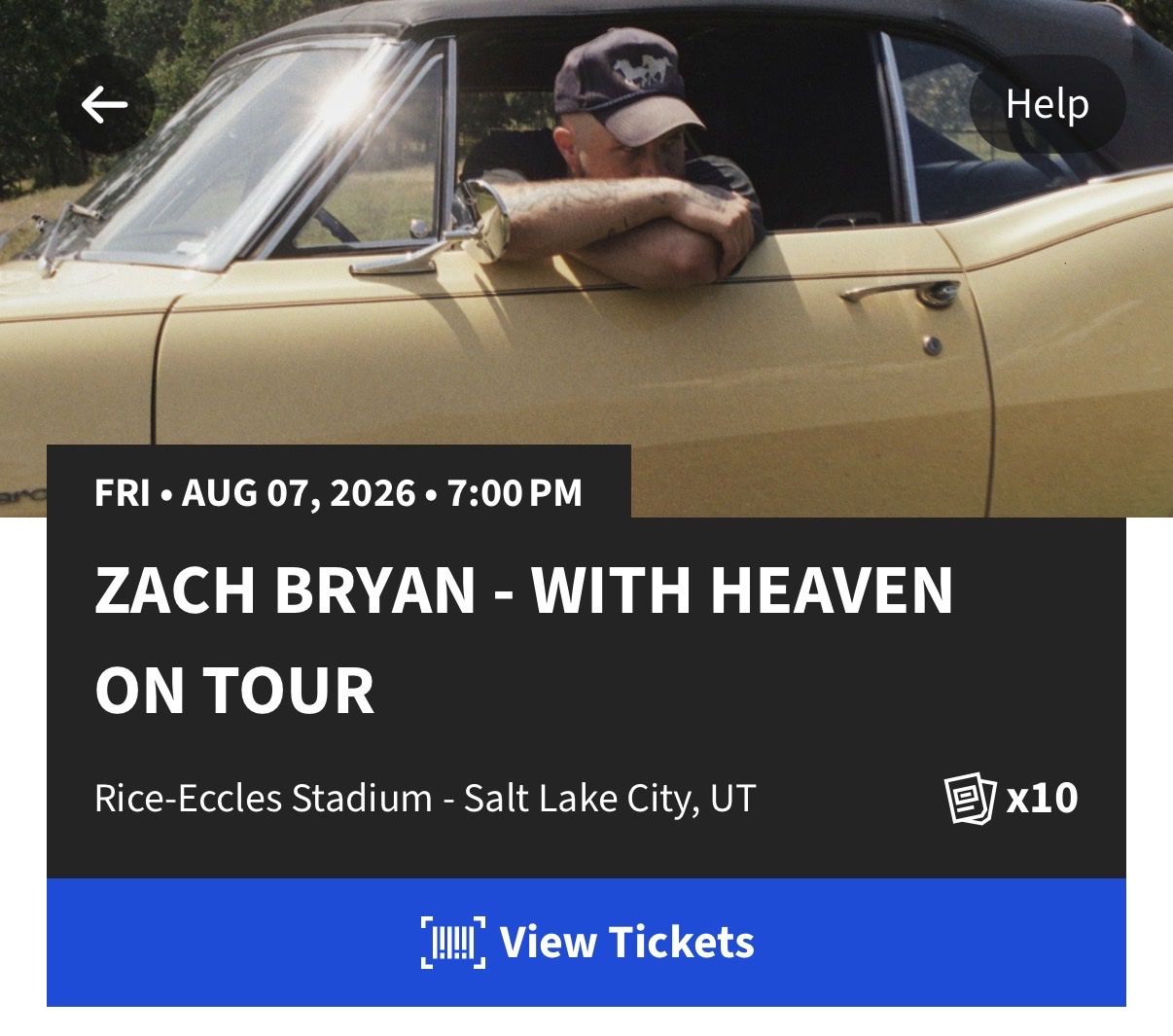 4 PRIME Zach Bryan Tickets- With Heaven On Tour Tickets, Aug 7 2026, Rice-Eccles Stadium SLC