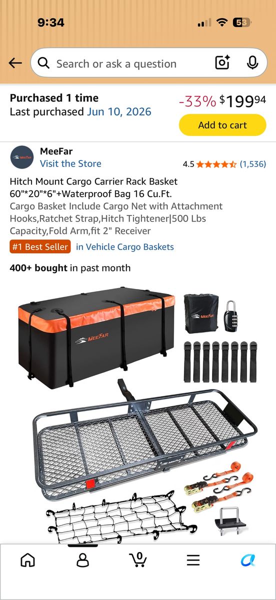 MeeFar Hitch Mount Cargo Carrier Rack Basket with Waterproof Bag 60x20x6