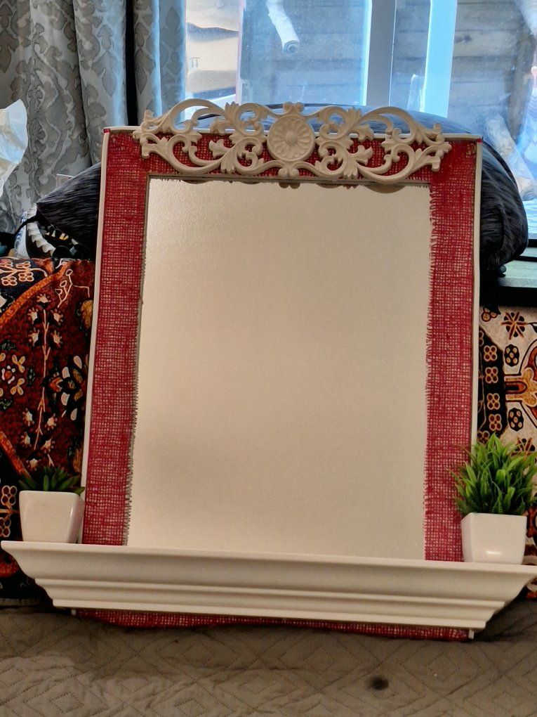 Custom made. Wall Mirror with Pink Burlap Trim, Ornate Scrollwork, and Built-In Shelf