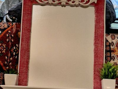 Custom made. Wall Mirror with Pink Burlap Trim, Ornate Scrollwork, and Built-In Shelf