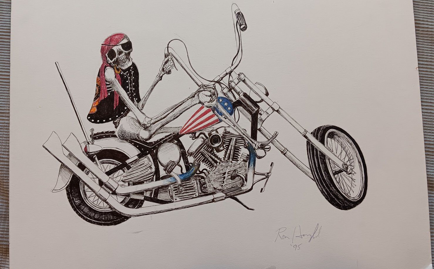 Vintage Original Ink Art Drawing Skeleton Biker Chopper 1995 Signed