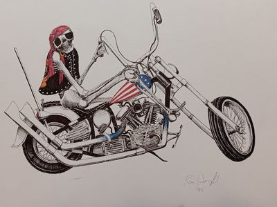Vintage Original Ink Art Drawing Skeleton Biker Chopper 1995 Signed