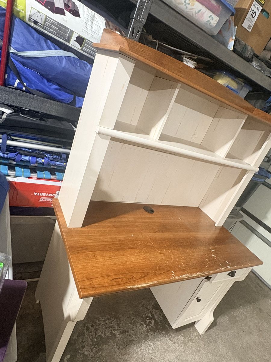 White & Wood Tone Desk with Hutch - Manufactured Wood, Scratched Top
