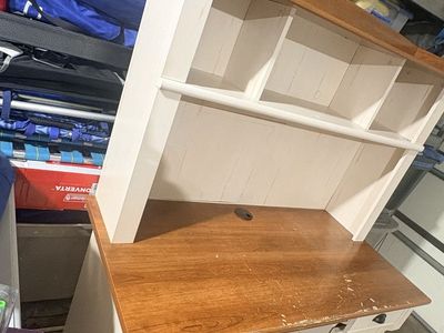White & Wood Tone Desk with Hutch - Manufactured Wood, Scratched Top