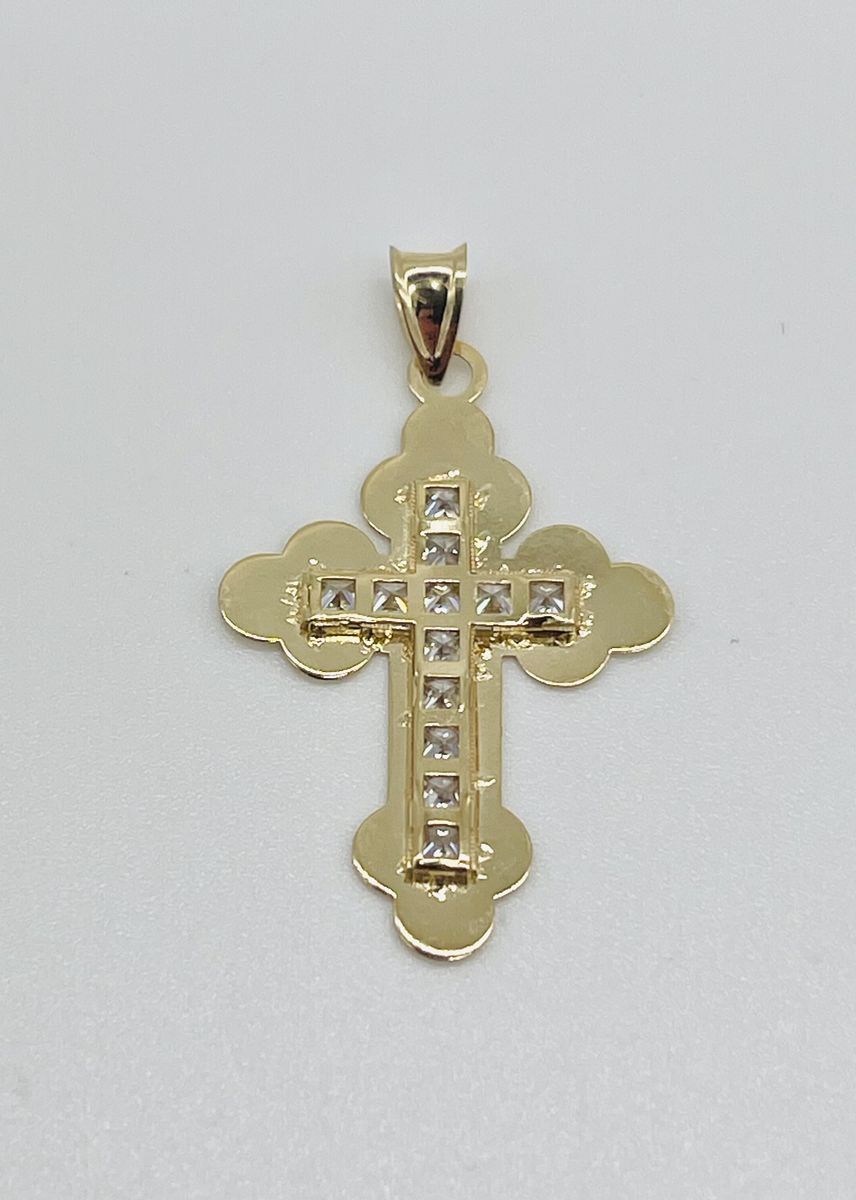 NEW Solid 14K Yellow Gold Cross Pendant with CZ (Cubic Zirconia) - Two-sided Design - 1" Tall - Orthodox, Baptism
