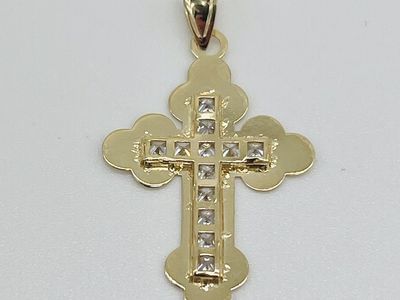 NEW Solid 14K Yellow Gold Cross Pendant with CZ (Cubic Zirconia) - Two-sided Design - 1" Tall - Orthodox, Baptism