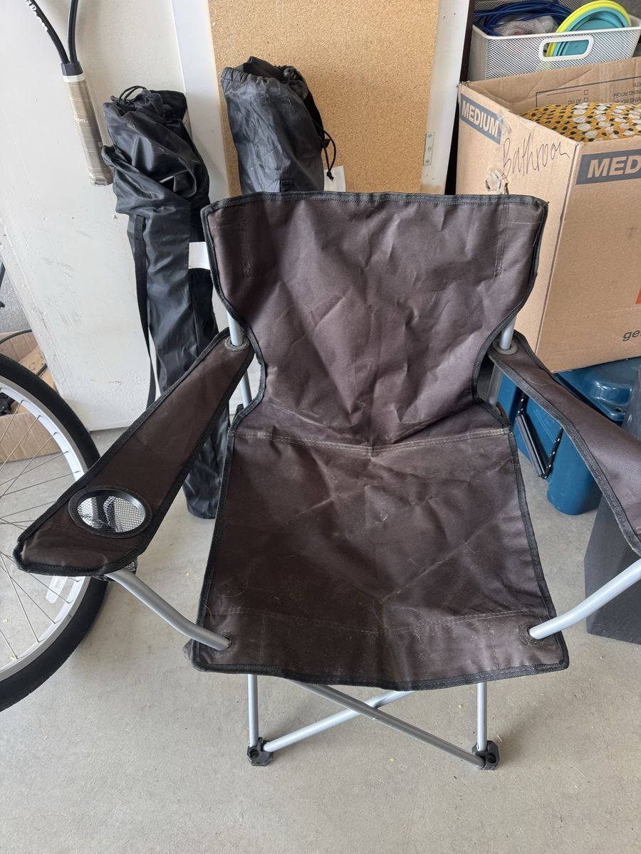 Folding Camp Chairs with Cupholder- three chairs included. Two have bags. One bag missing. All functional