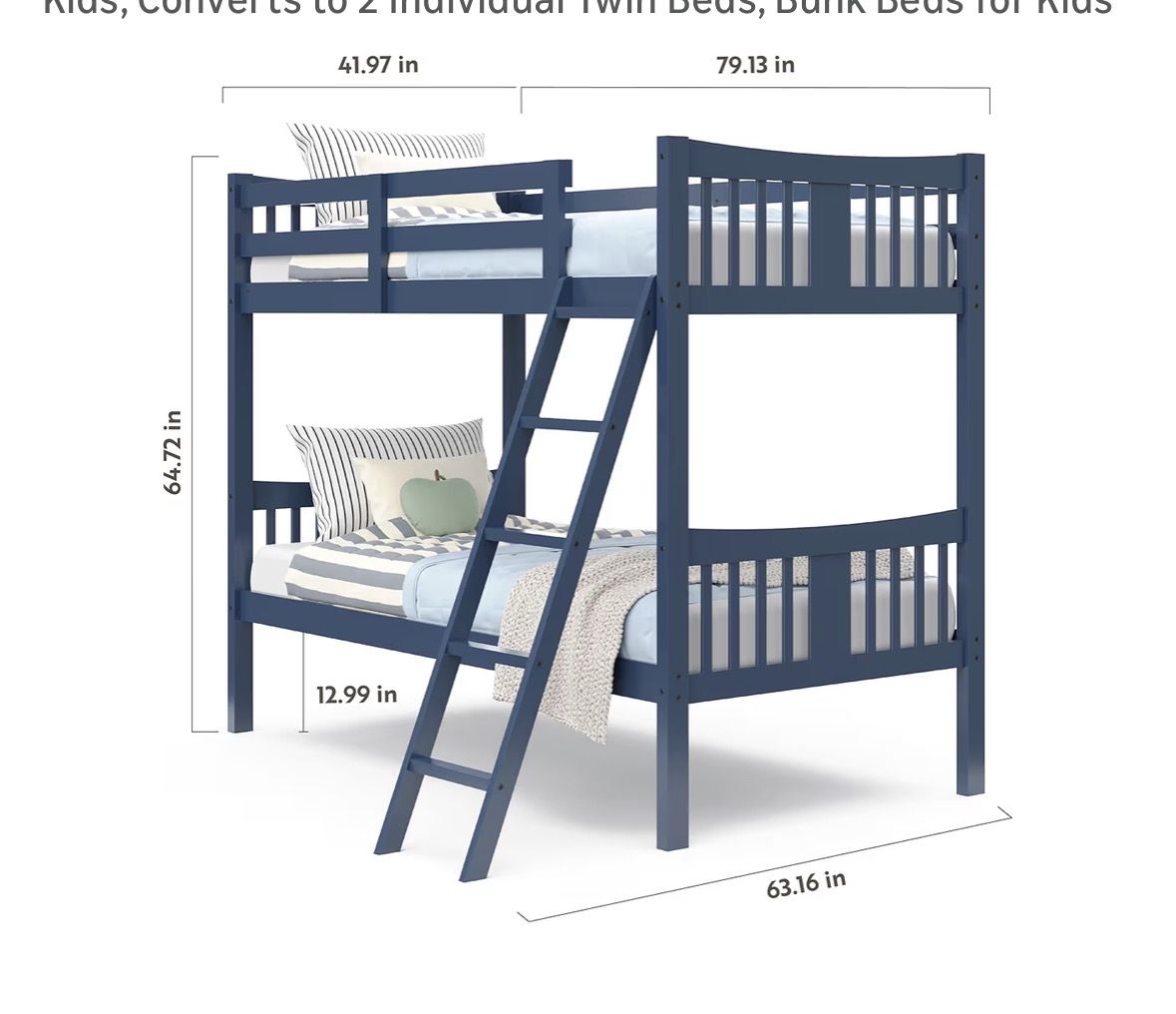 Twin bunk beds with ladder and mattresses