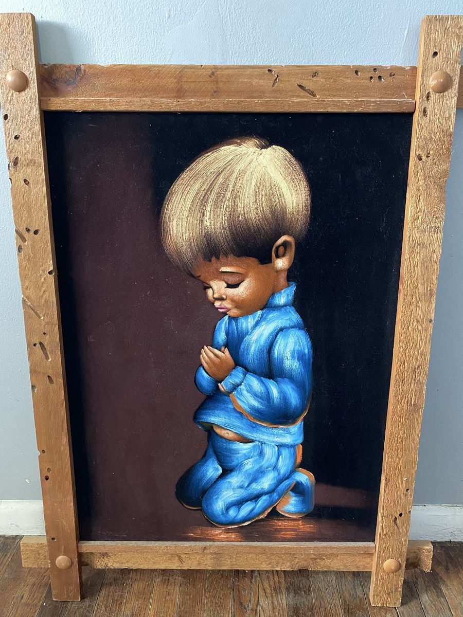 Vintage Black Velvet Praying Children Paintings