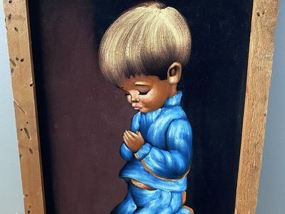 Vintage Black Velvet Praying Children Paintings