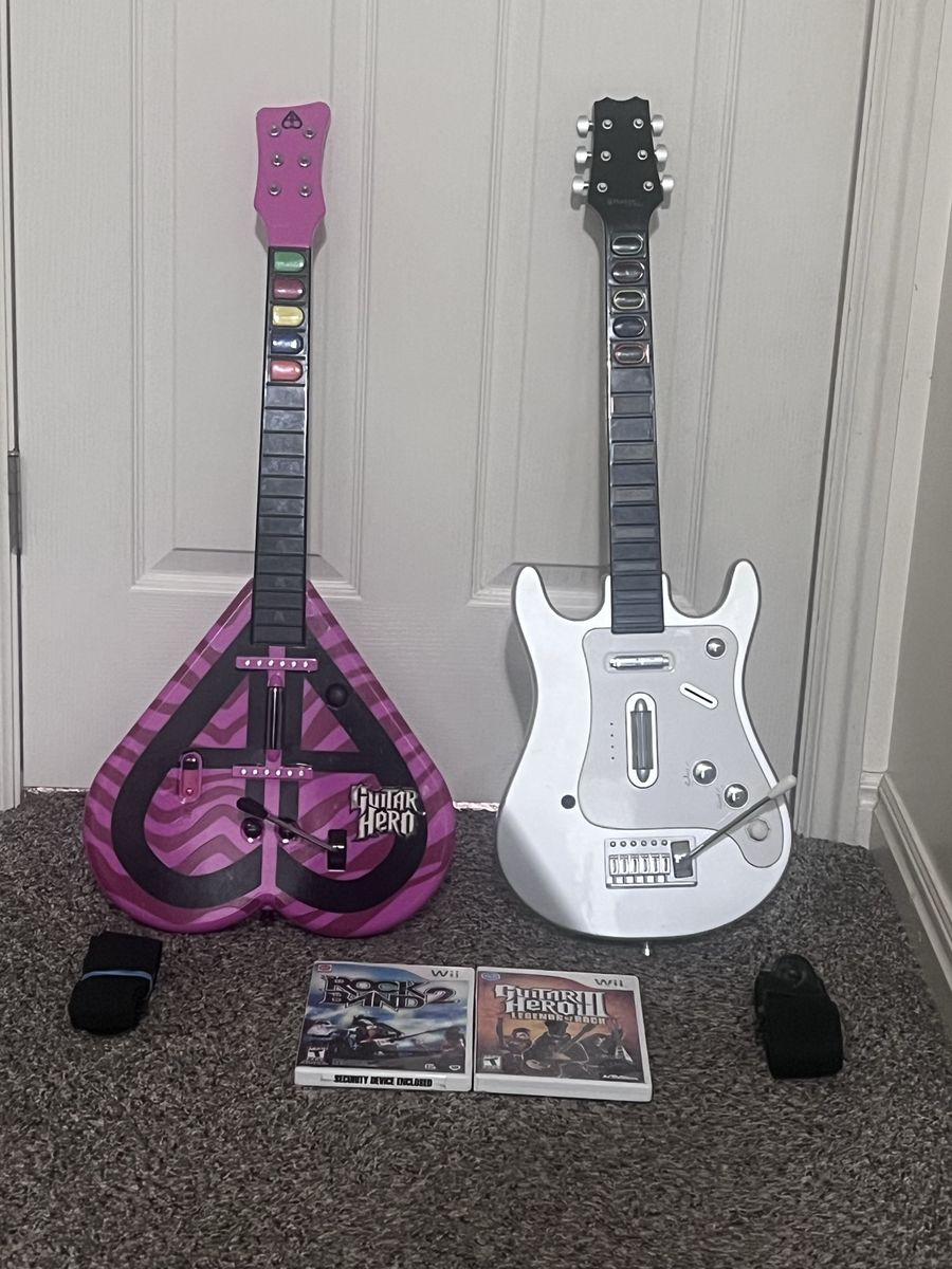 Wii Guitar Hero & Rock Band Guitars with Games - Pink Heart & White Controllers