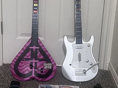 Wii Guitar Hero & Rock Band Guitars with Games - Pink Heart & White Controllers