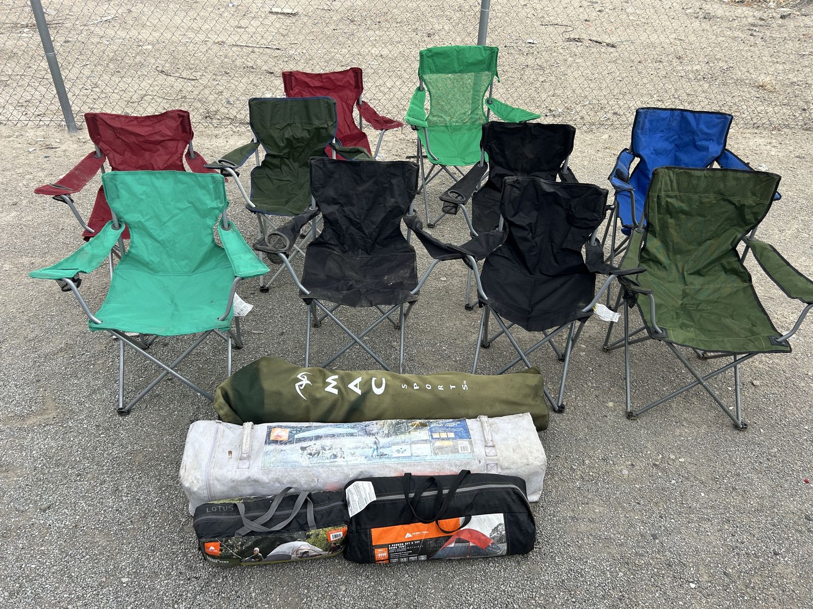 Family Camp Setup - 10 Camp Chairs - 1 Pop Up Canopy - 2 tents - 1 Cot