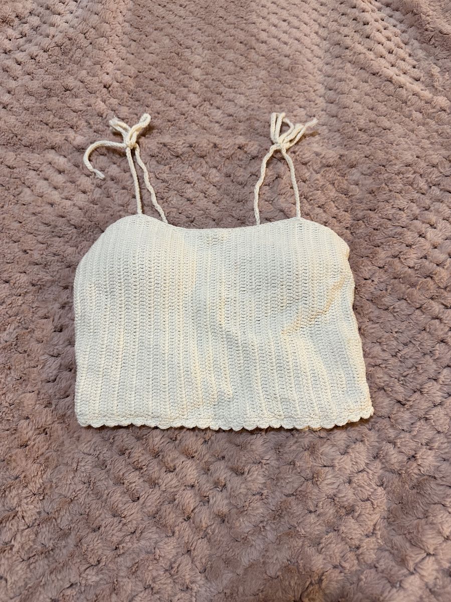 Crochet Lace-Up Crop Top - Cream/Off-White Size S