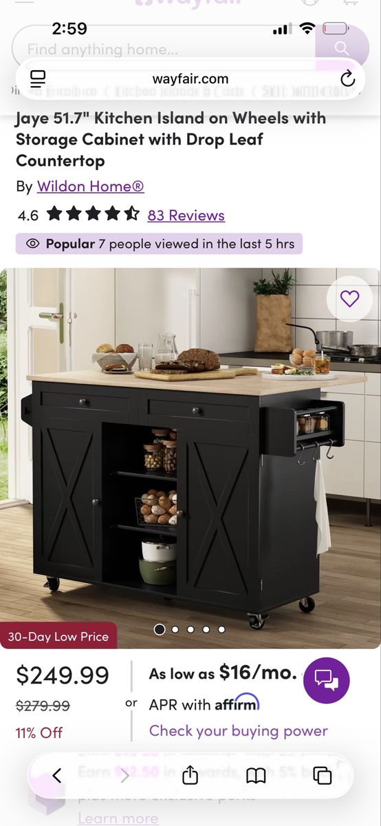 Kitchen Island on Wheels with Storage Cabinet with Drop Leaf Countertop INCL two stools!!