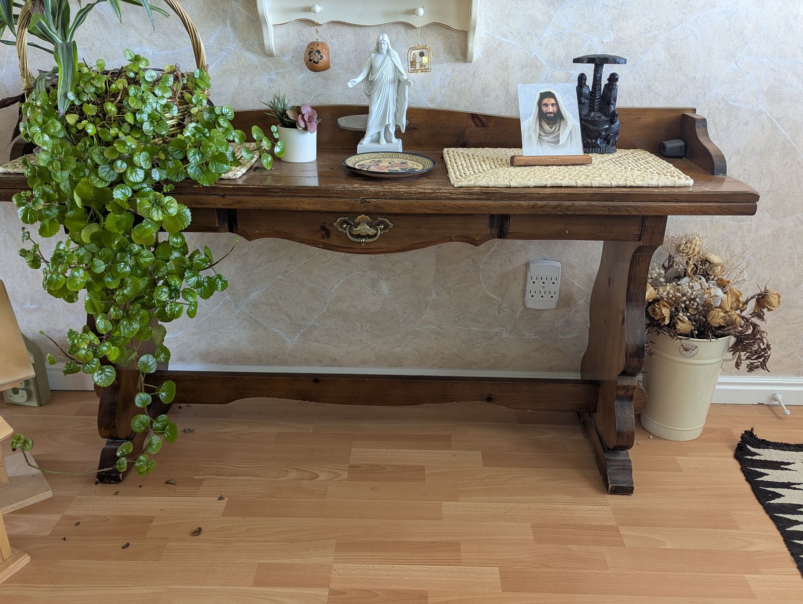 Antique Wood Trestle Console Table / Foyer Desk