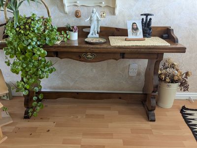 Antique Wood Trestle Console Table / Foyer Desk