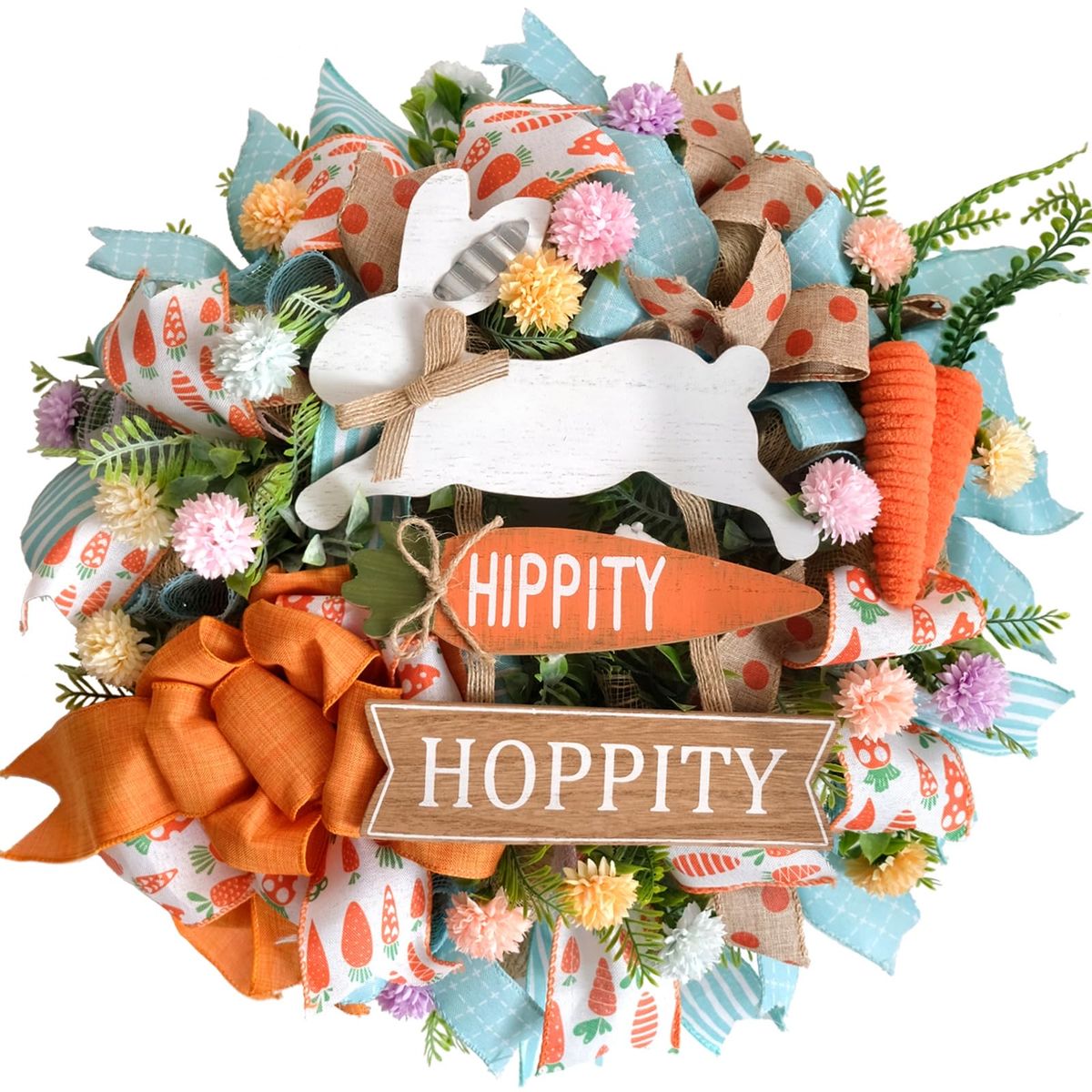TEMPUS 18" Easter Mesh Wreath for Front Door - Handmade Carrot & Bunny Sign Spring Decor with Burlap Bow - Pastel Blue Orange Fa