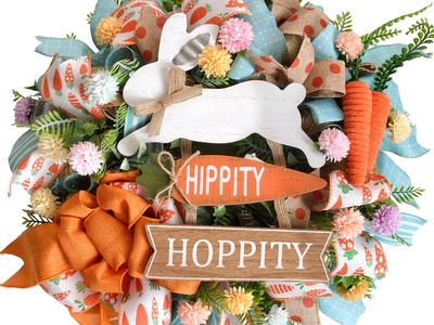 TEMPUS 18" Easter Mesh Wreath for Front Door - Handmade Carrot & Bunny Sign Spring Decor with Burlap Bow - Pastel Blue Orange Fa
