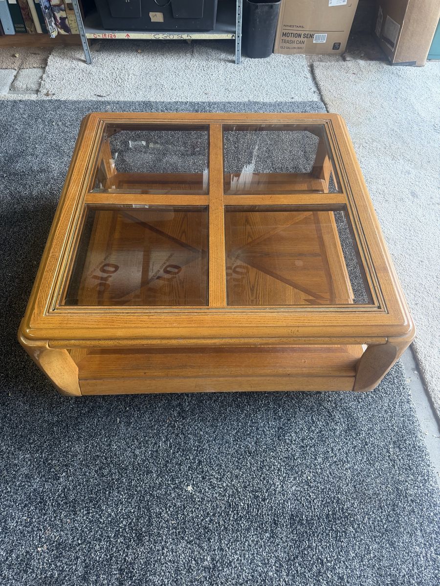 Square Wood Coffee Table with Glass Top and Lower Shelf - Classic Design