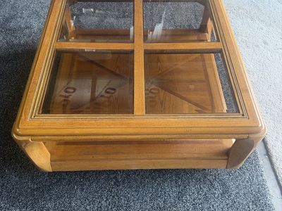 Square Wood Coffee Table with Glass Top and Lower Shelf - Classic Design