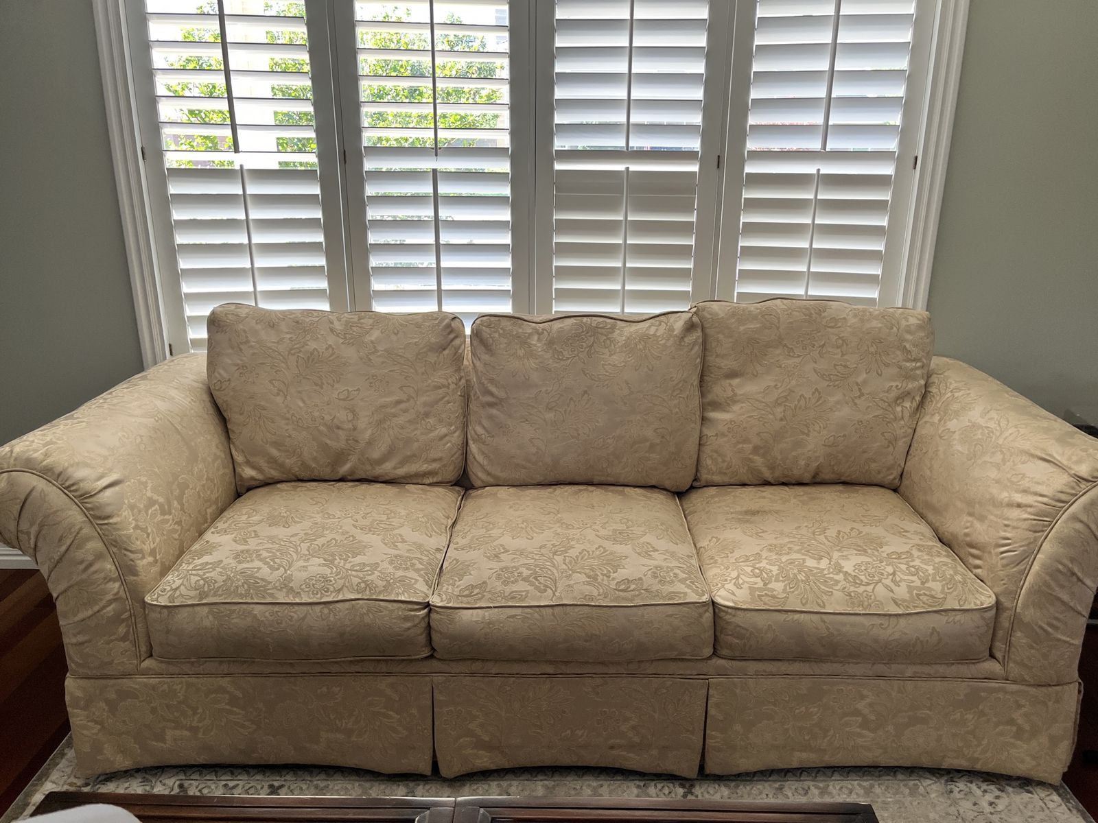 Elegant Beige Floral Pattern Sofa Couch - 3-Seater Living Room Furniture with Skirted Base