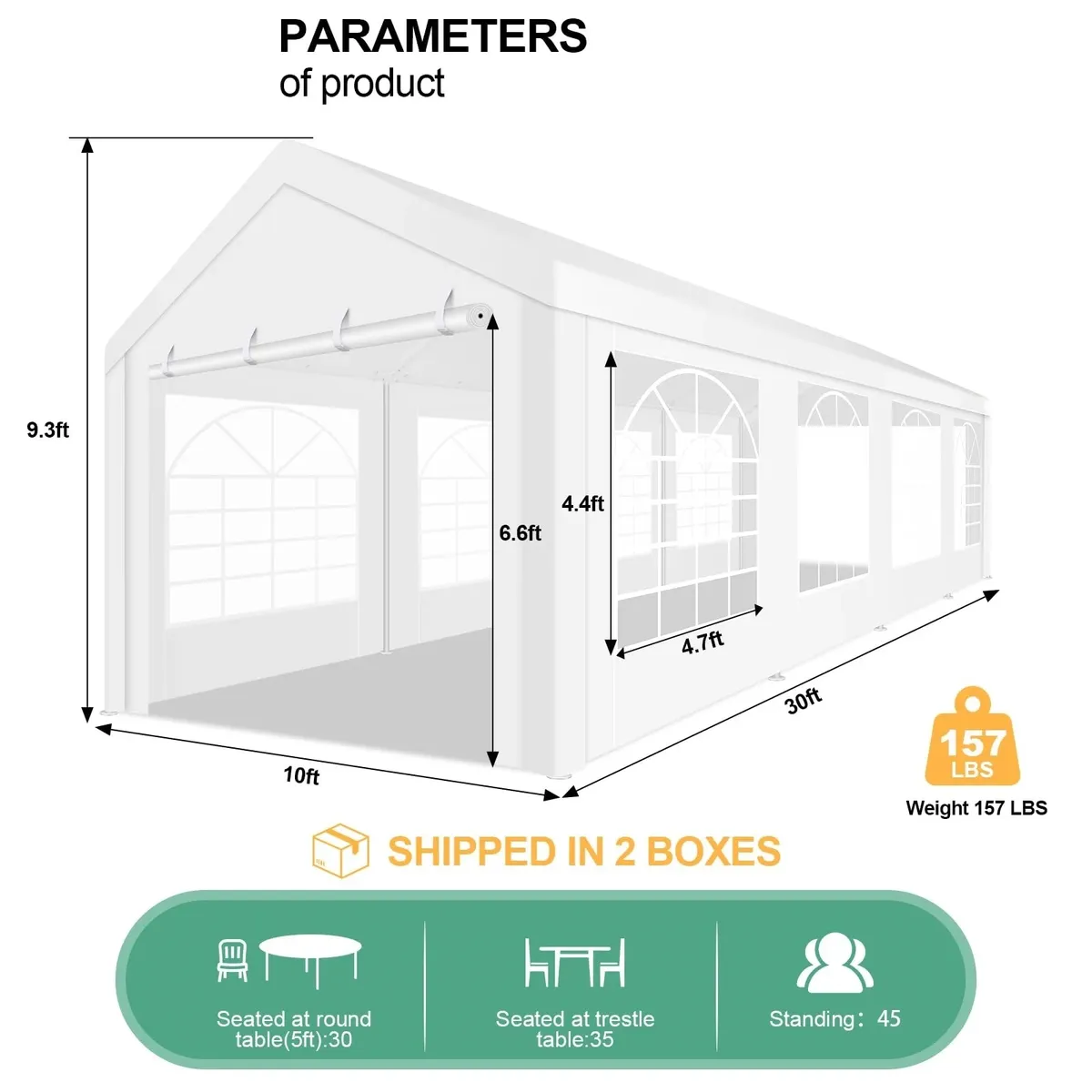 COBIZI 10x30ft Heavy Duty Party Tent: Waterproof Wedding & Event Canopy with 6 Sidewalls, UV50+, Built-in Sandbags, White