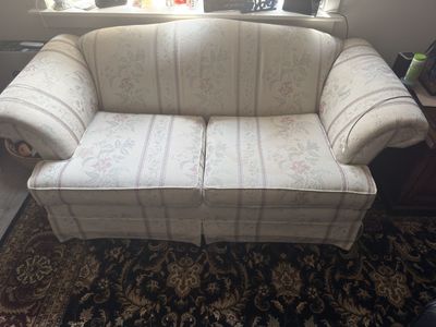 Floral Pattern Fabric Loveseat Sofa - Skirted Base, Light Tones