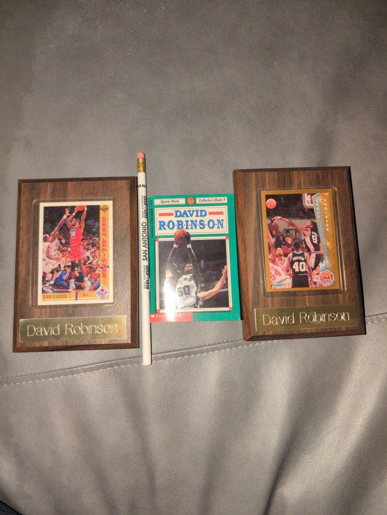 David Robinson NBA Collectibles Lot - 2 Wooden Plaque Trading Cards, Book & Pencil
