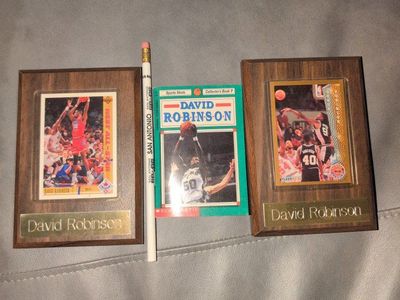 David Robinson NBA Collectibles Lot - 2 Wooden Plaque Trading Cards, Book & Pencil