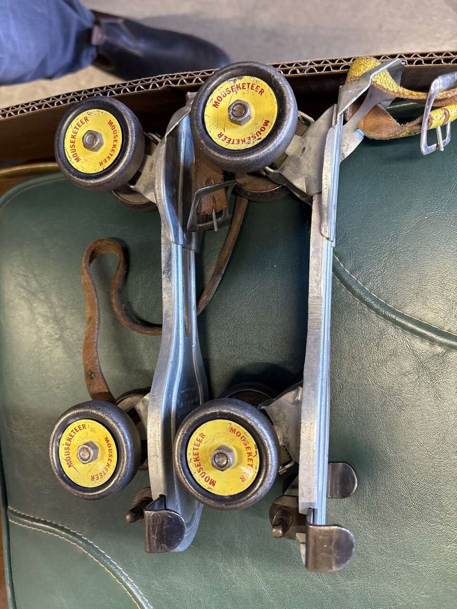 Vintage 1950s Roller Skates Walt Disney Mickey Mouse Mouseketeer Adjustable Metal Roller skates antique metal wheels Hawthorne.