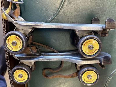 Vintage 1950s Roller Skates Walt Disney Mickey Mouse Mouseketeer Adjustable Metal Roller skates antique metal wheels Hawthorne.